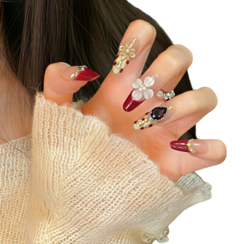 3 Glam Cherry Crystal – Uñas Press On Artesanales