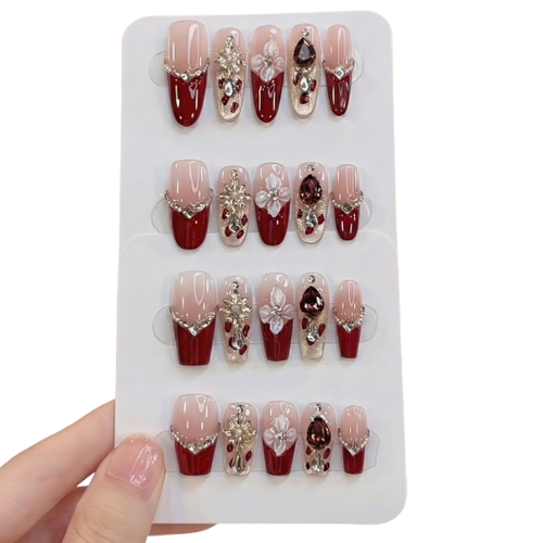 4 Glam Cherry Crystal – Uñas Press On Artesanales